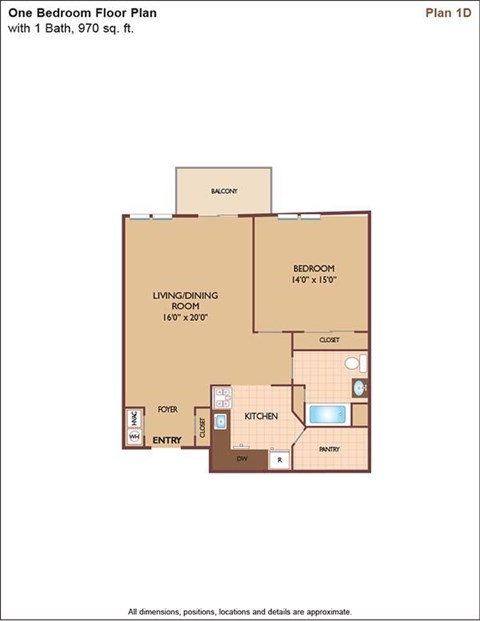 Floor plan for 1 bed, 1 bath, 970 sqft